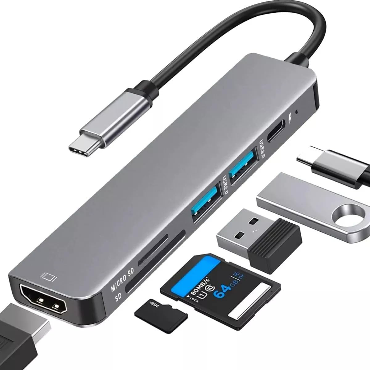 Hub USB C 7 em 1 com HDMI 4K 60Hz e Leitor SD 3.0