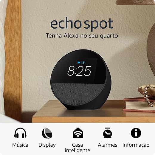 Echo Spot Alexa: despertador inteligente com som vibrante