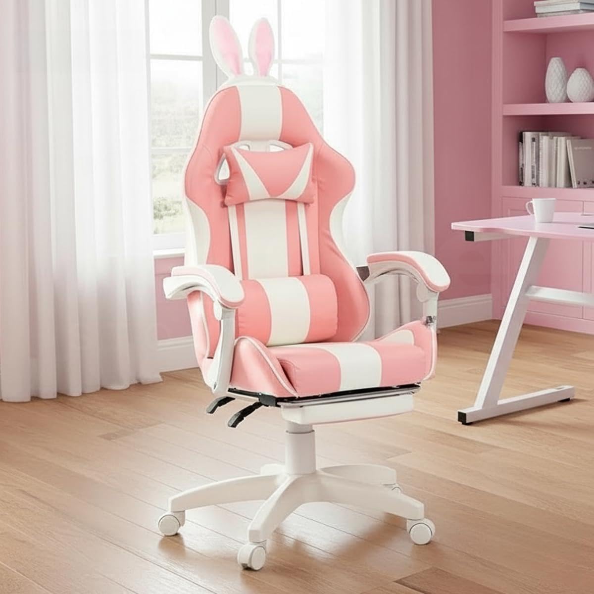 Cadeira Gamer Fofa Rosa com Orelhas e Apoio de Pés